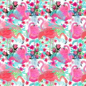 Watercolor flamingo palm and floral garden / tropical paradise