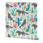 Wolf in the cactus desert turquoise/pink