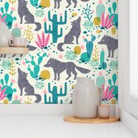 Wolf in the cactus desert turquoise/pink