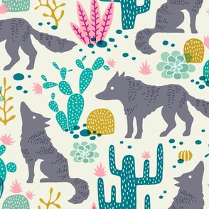 Wolf in the cactus desert turquoise/pink