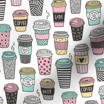 Coffee Latte Geometric Patterned Black & White Pink Mint Yellow on White