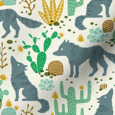 Wolf in the cactus desert green/mustard