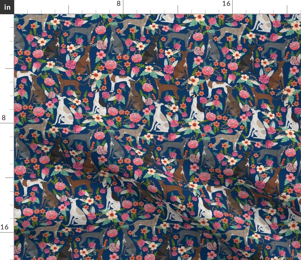 italian greyhound florals fabric best dogs and flowers design - navy