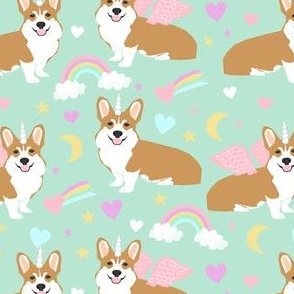 corgi unicorn pastel fabric cute corgi illustration design - mint