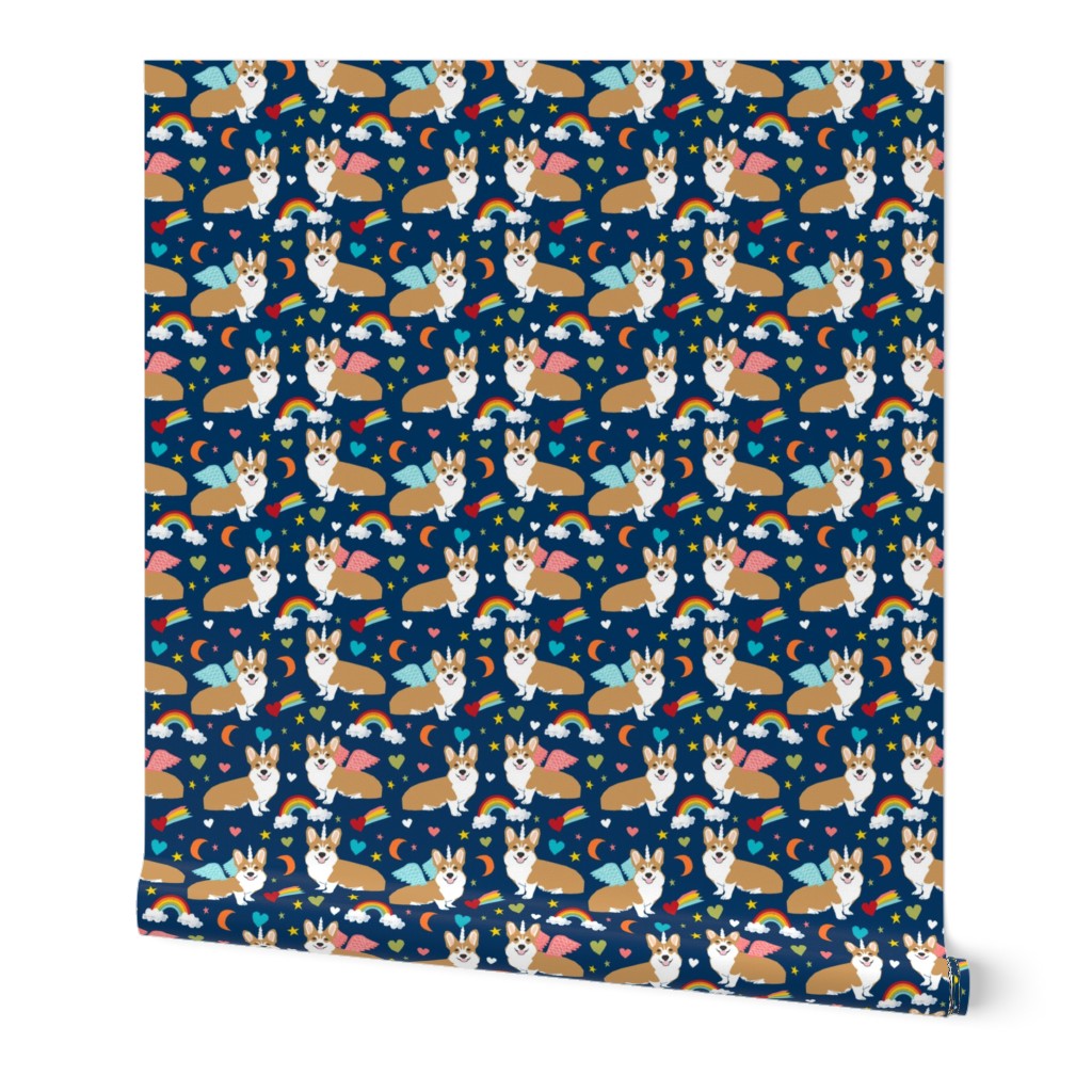 corgi unicorn pastel fabric cute corgi illustration design - navy