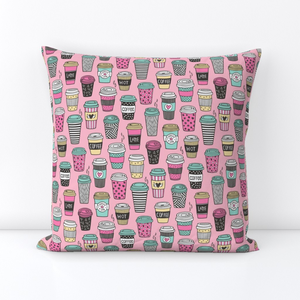 Coffee Latte Geometric Patterned Black & White Pink Mint Yellow on Pink