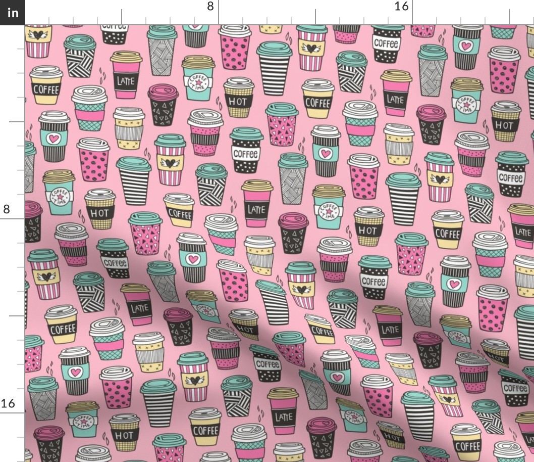 Coffee Latte Geometric Patterned Black & White Pink Mint Yellow on Pink