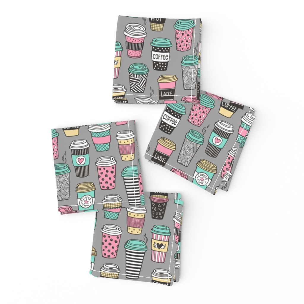 Coffee Latte Geometric Patterned Black & White Pink Mint Yellow on Grey