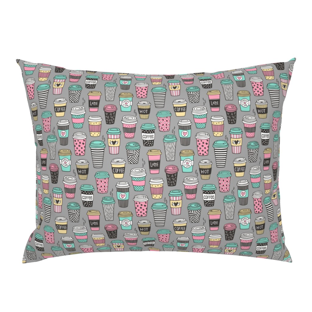 Coffee Latte Geometric Patterned Black & White Pink Mint Yellow on Grey