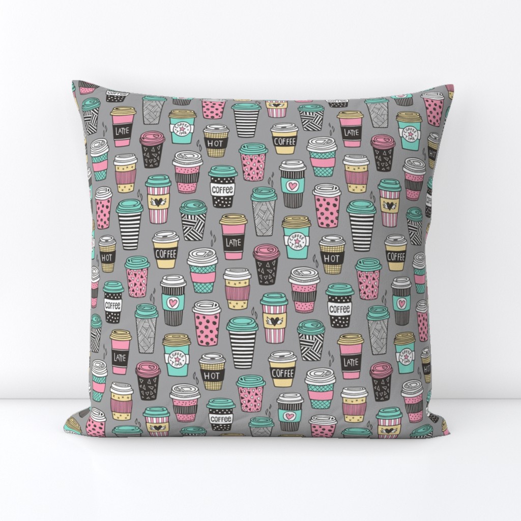 Coffee Latte Geometric Patterned Black & White Pink Mint Yellow on Grey