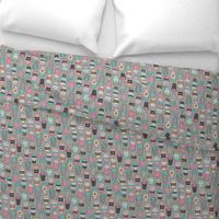 Coffee Latte Geometric Patterned Black & White Pink Mint Yellow on Grey