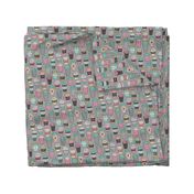 Coffee Latte Geometric Patterned Black & White Pink Mint Yellow on Grey