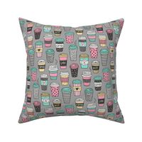 Coffee Latte Geometric Patterned Black & White Pink Mint Yellow on Grey