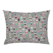 Coffee Latte Geometric Patterned Black & White Pink Mint Yellow on Grey