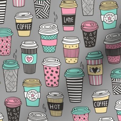 Coffee Latte Geometric Patterned Black & White Pink Mint Yellow on Grey