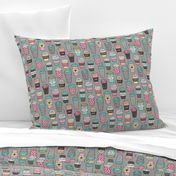 Coffee Latte Geometric Patterned Black & White Pink Mint Yellow on Grey