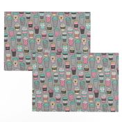 Coffee Latte Geometric Patterned Black & White Pink Mint Yellow on Grey