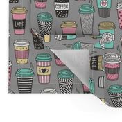 Coffee Latte Geometric Patterned Black & White Pink Mint Yellow on Grey