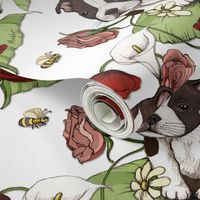 Boston Terrier Puppy Posie with flowers and bees on white