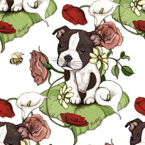 Boston Terrier Puppy Posie with flowers and bees on white
