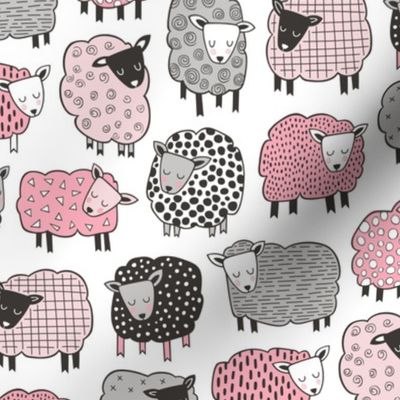 Sheep Geometric Patterned Black & White Grey  Pink on White