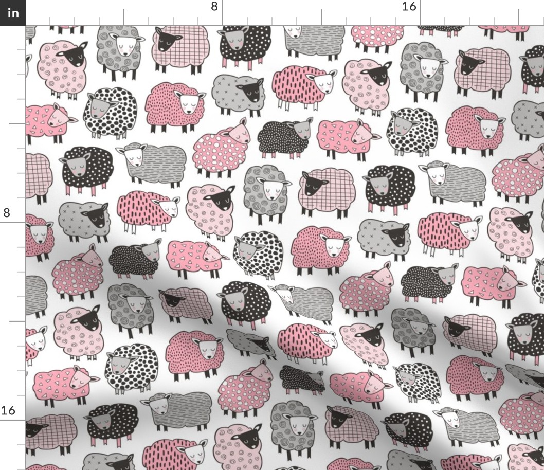 Sheep Geometric Patterned Black & White Grey  Pink on White