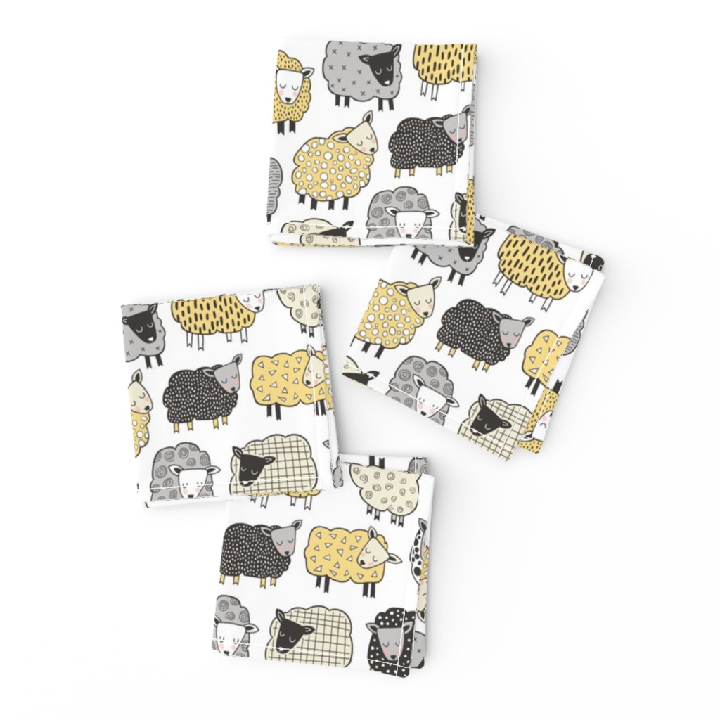 Sheep Geometric Patterned Black & White Grey  Yellow on White