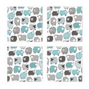 Sheep Geometric Patterned Black & White Grey  Blue on White