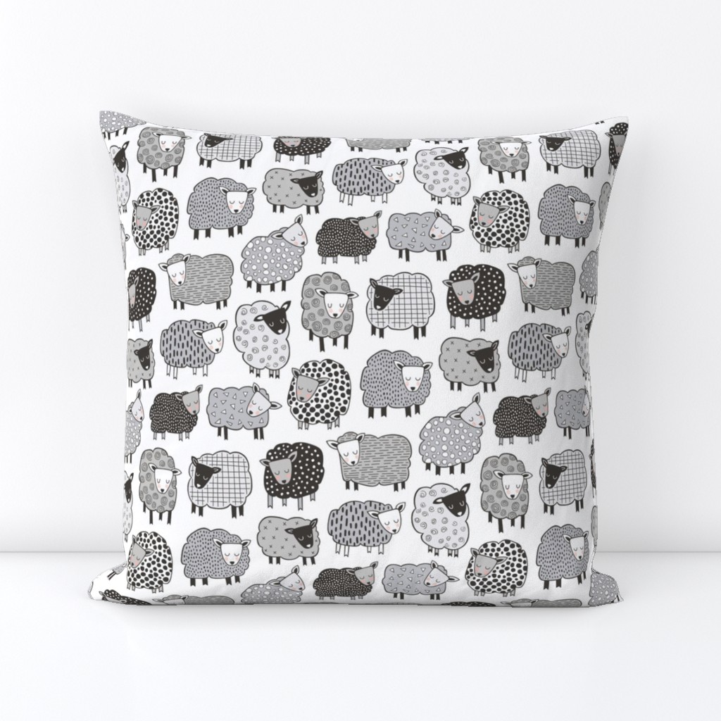 Sheep Geometric Patterned Black & White Grey  on White