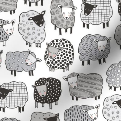 Sheep Geometric Patterned Black & White Grey  on White