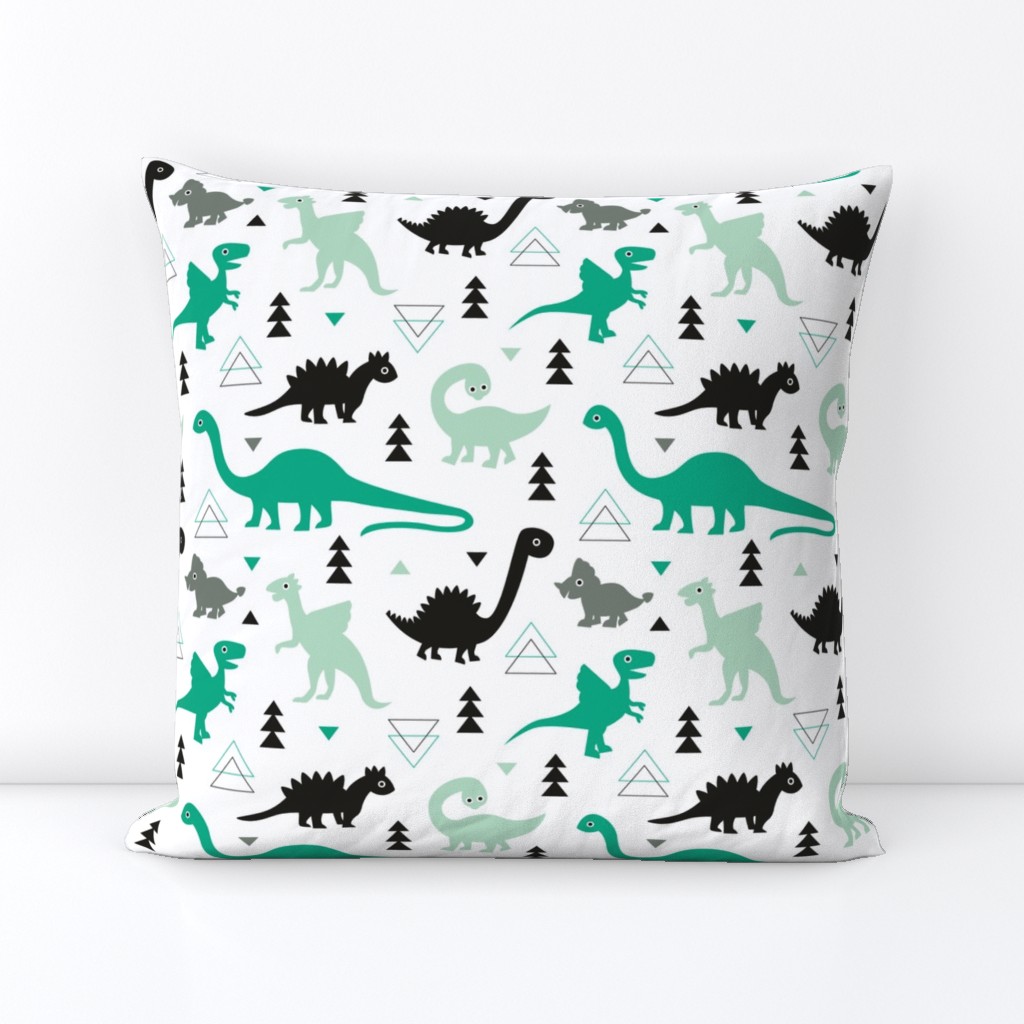 Adorable dino boys fabric with black and green dinosaur geometric triangles and funky animal illustration theme for kids