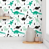 Adorable dino boys fabric with black and green dinosaur geometric triangles and funky animal illustration theme for kids