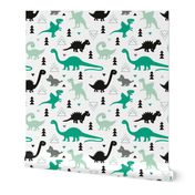 Adorable dino boys fabric with black and green dinosaur geometric triangles and funky animal illustration theme for kids