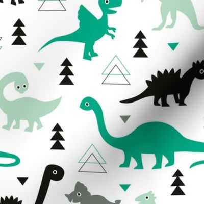 Adorable dino boys fabric with black and green dinosaur geometric triangles and funky animal illustration theme for kids