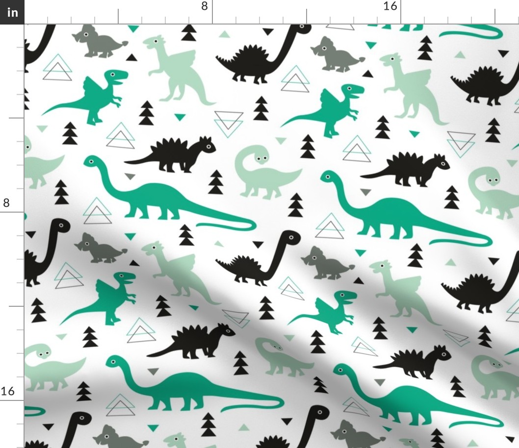 Adorable dino boys fabric with black and green dinosaur geometric triangles and funky animal illustration theme for kids