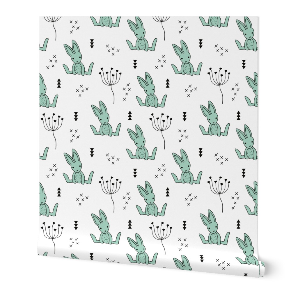 Adorable little baby bunny geometric scandinavian style rabbit for kids gender neutral black and white mint