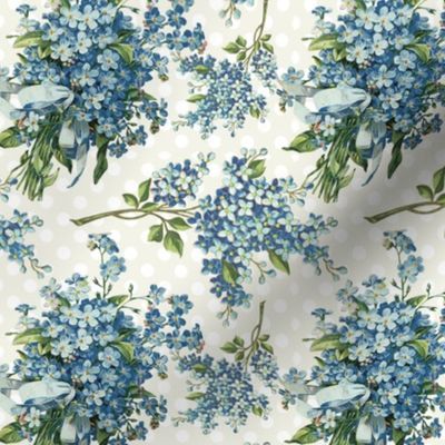 Blue floral on ivory polka dots medium scale