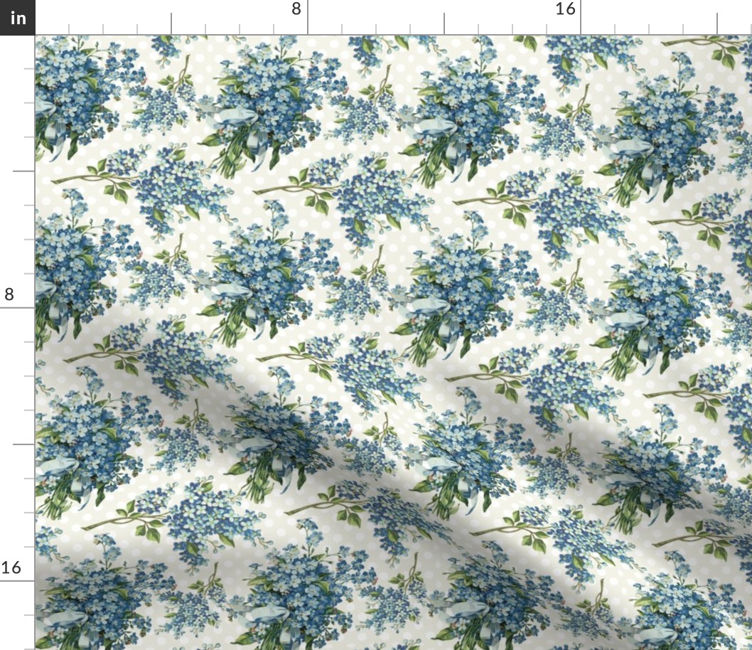 Blue floral on ivory polka dots medium scale