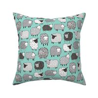 Sheep Geometric Patterned Black & White Grey on Mint Green