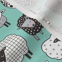 Sheep Geometric Patterned Black & White Grey on Mint Green