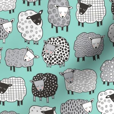 Sheep Geometric Patterned Black & White Grey on Mint Green