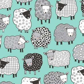 Sheep Geometric Patterned Black & White Grey on Mint Green