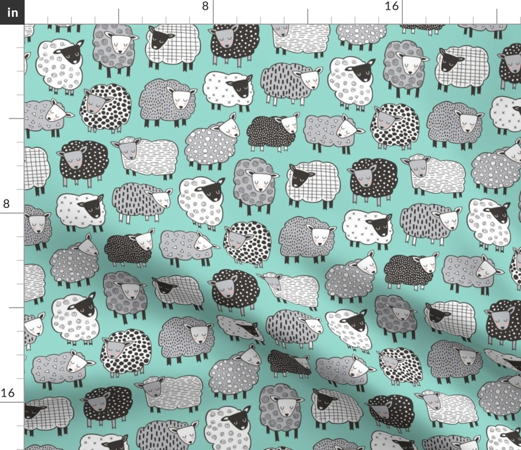 Sheep Geometric Patterned Black & White Grey on Mint Green