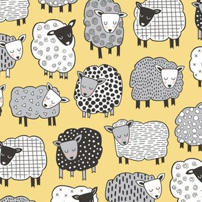 Sheep Geometric Patterned Black & White Grey on Yellow