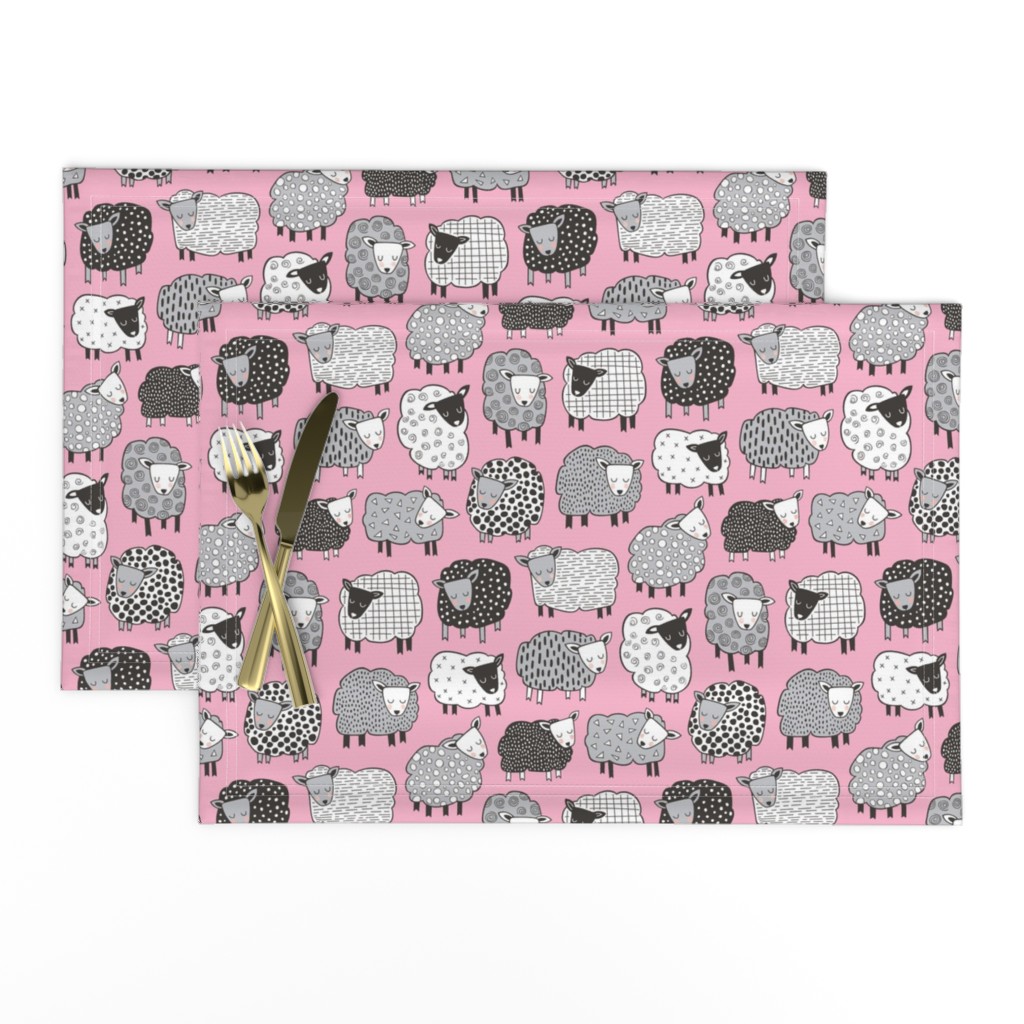 Sheep Geometric Patterned Black & White Grey on Pink