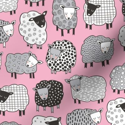 Sheep Geometric Patterned Black & White Grey on Pink