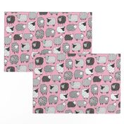 Sheep Geometric Patterned Black & White Grey on Pink