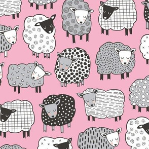 Sheep Geometric Patterned Black & White Grey on Pink