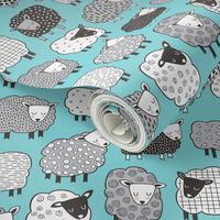 Sheep Geometric Patterned Black & White Grey on Blue