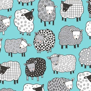 Sheep Geometric Patterned Black & White Grey on Blue